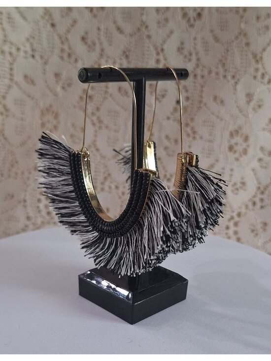 Sugarfix Jewelry - SUGARFIX by BaubleBar Black Gold Fringe Hoop Earrings – Beaded Tassel Statement